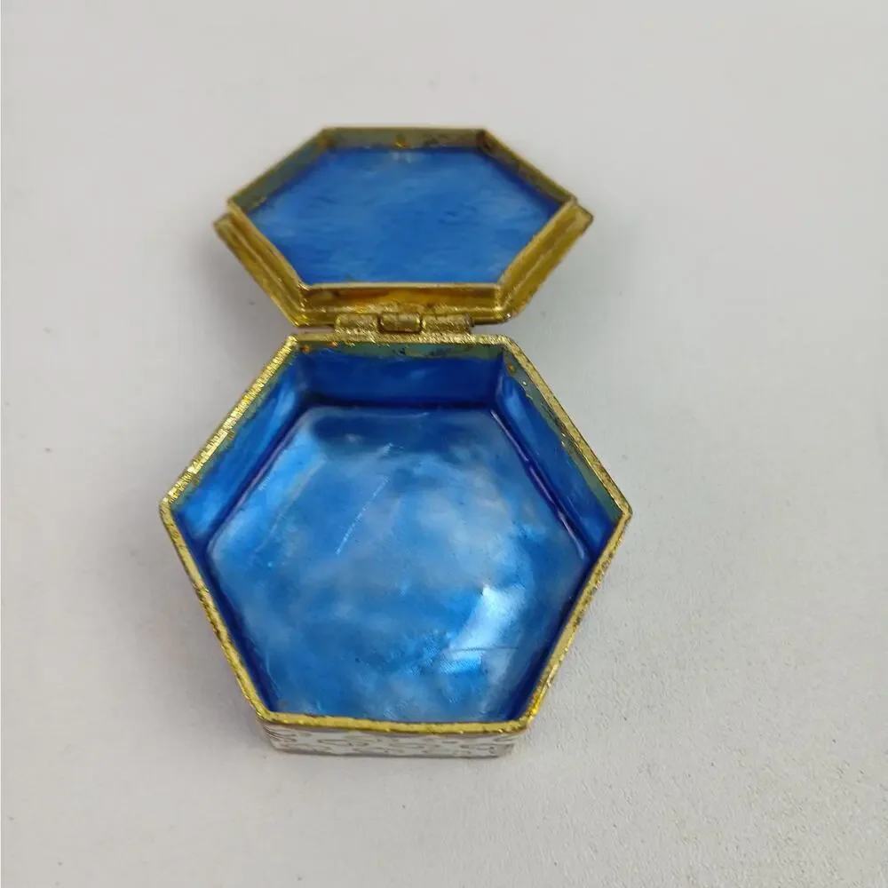 Vintage Cloisonné Hexagonal Pill Box – Floral & Crane Motif Blue Enamel Interior